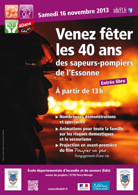 Venez le samedi 16 novembre 2013 à partir de 13h00 à l'école départementale d'incendie et de secours de Fleury-Mérogis pour fêter les 40 ans du Sdis de l'Essonne.
